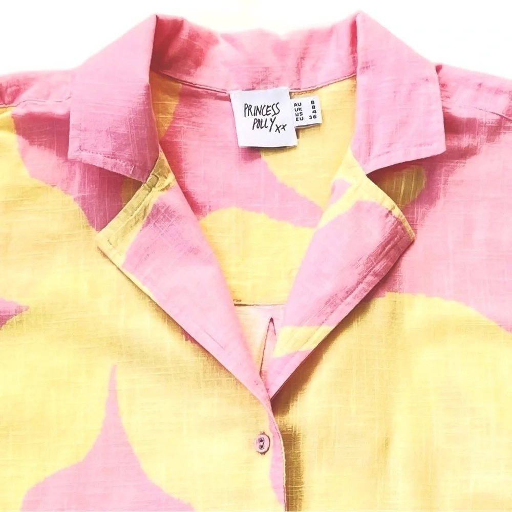 Princess Polly Lightweight Cotton Shirt, Pink/Yellow, Relaxed Fit, Size 4 - Picture 5 of 7